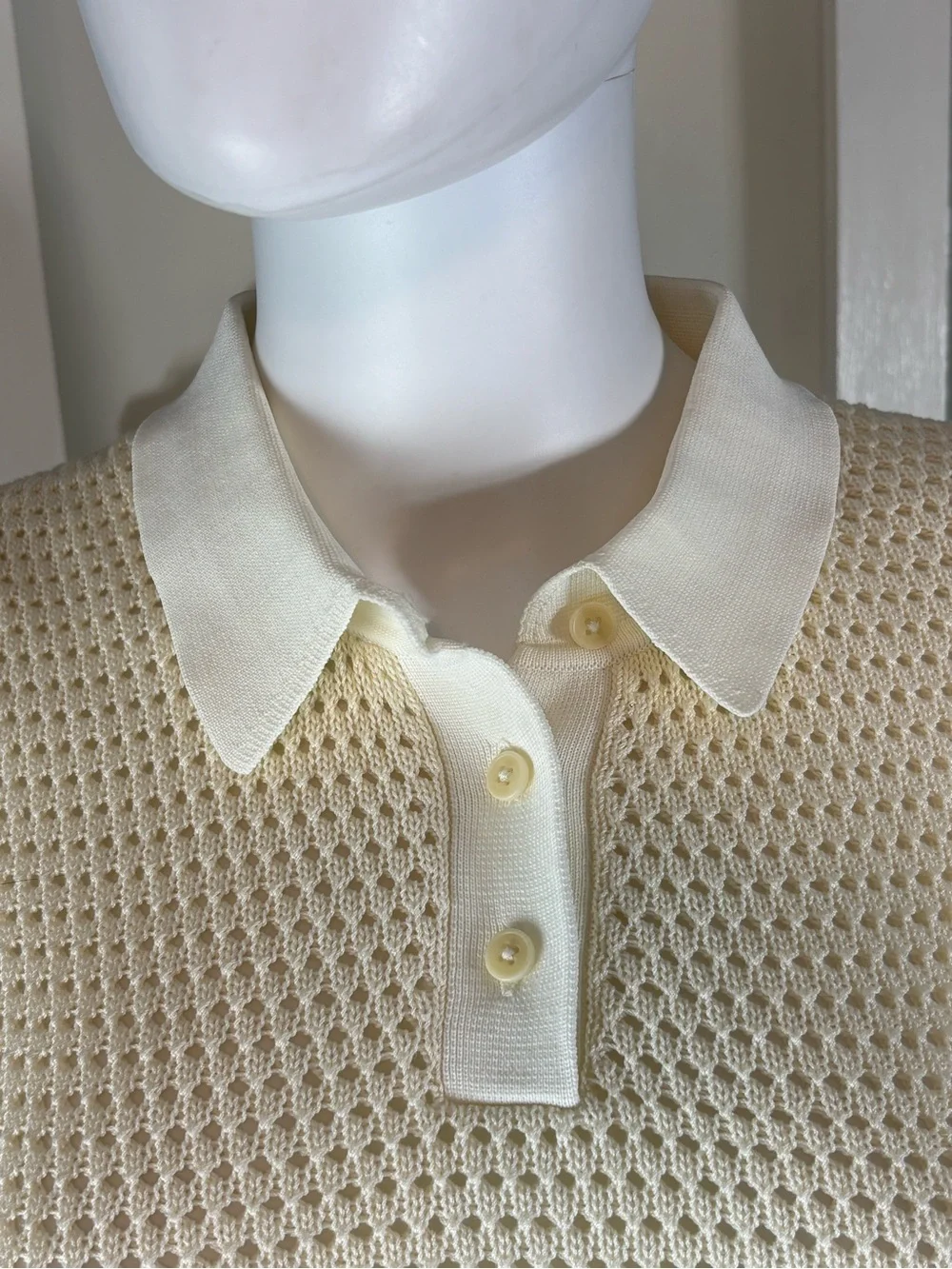 Tory Burch Cream Open Knit Crochet Sweater Pointelle Polo Shirt Top S Small